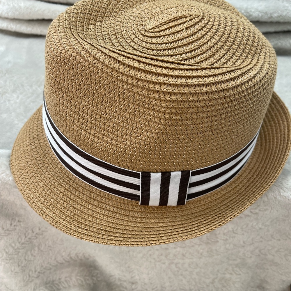 Tan Straw Hat with Striped Band‎